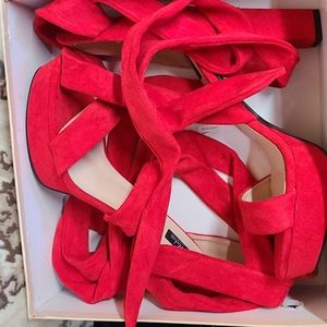 Red tie up the leg velvet heels, Onlymaker, 11